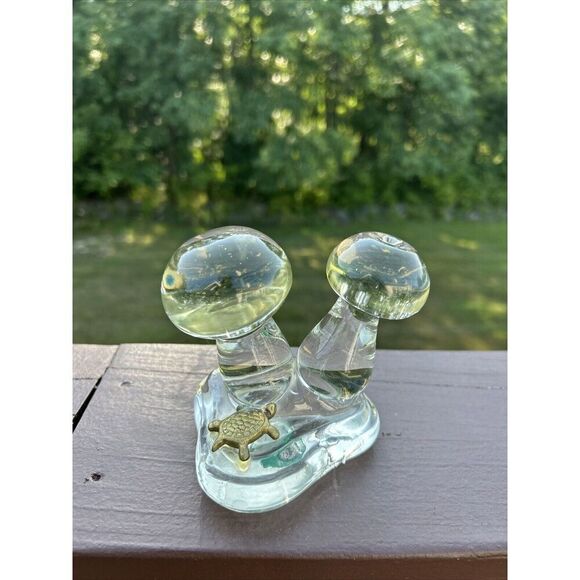 Vintage Double Mushroom Heavy Paperweight,  Clear Glass And Turtle Statute - Picture 2 of 7